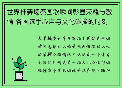 世界杯赛场奏国歌瞬间彰显荣耀与激情 各国选手心声与文化碰撞的时刻
